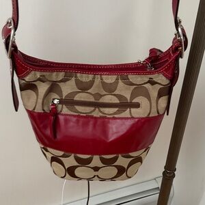 Coach Red and Brown Signature Shoulder Bag